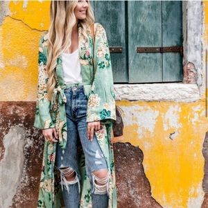 ZARA green floral kimono dress robe Rare!! size small